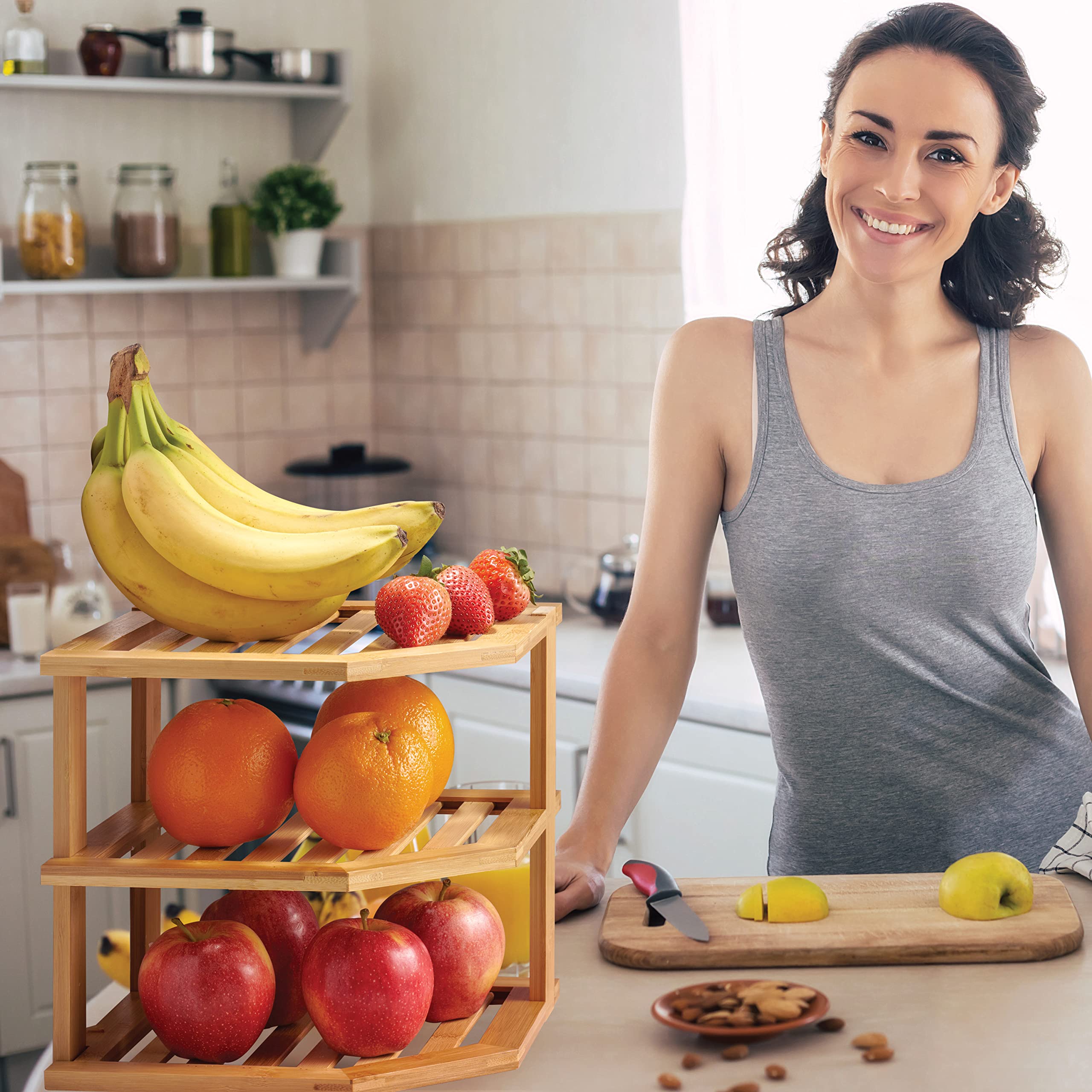 Bambusi stackable dish organizer enhances vertical storage in small kitchens.