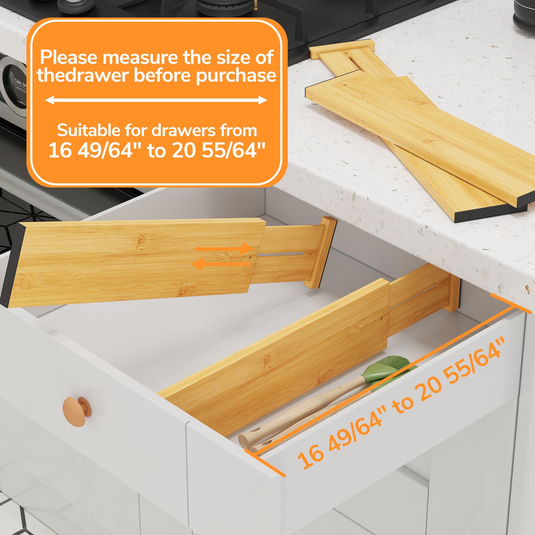 BAMEOS bamboo drawer divider in a kitchen drawer with utensils