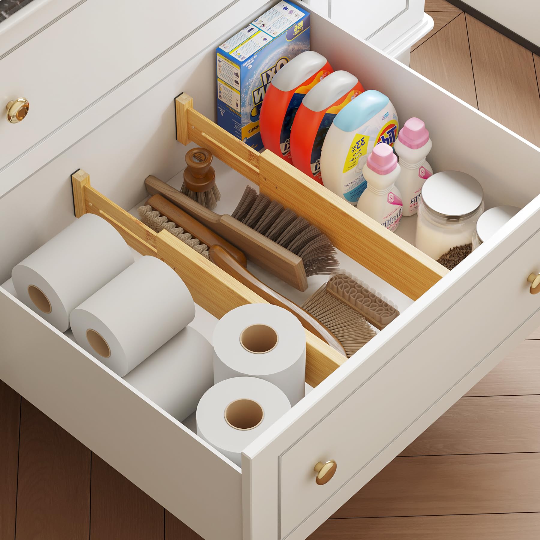 BAMEOS bamboo drawer dividers in-drawer illustrate easy arrangement for utensils and office supplies.
