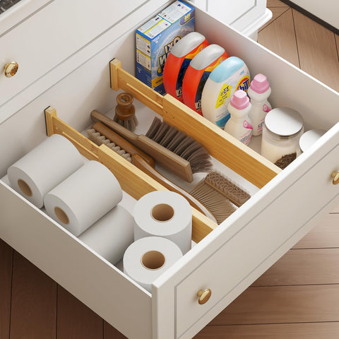 BAMEOS bamboo drawer dividers in-drawer illustrate easy arrangement for utensils and office supplies.