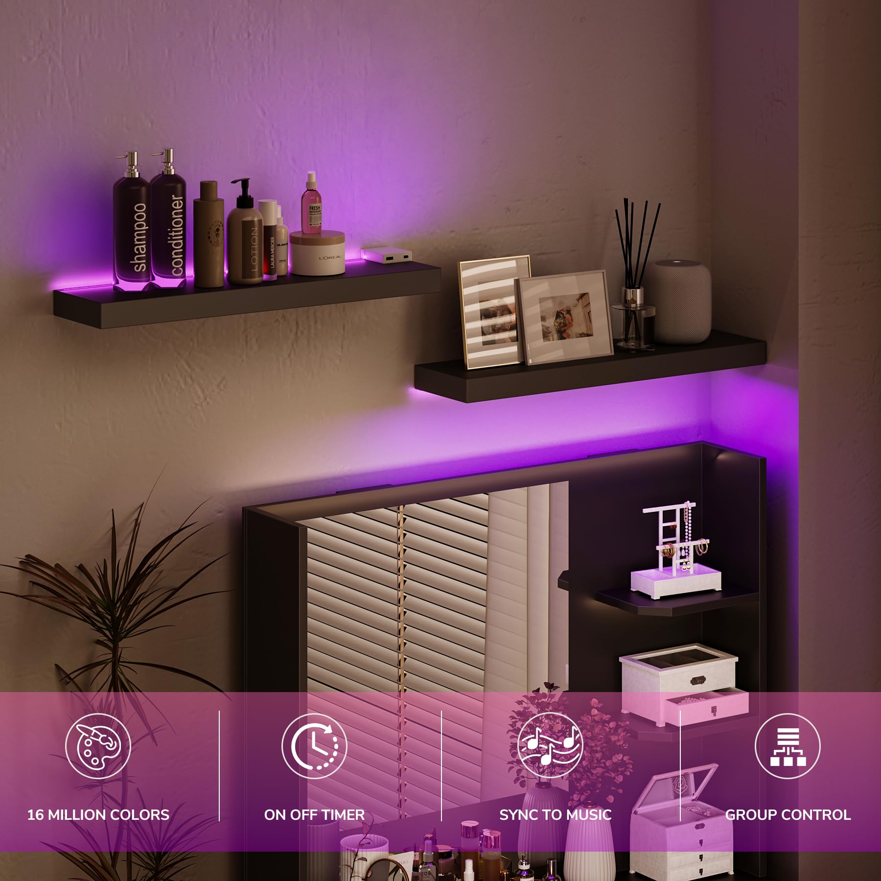 BAMEOS bedroom LED-lit shelves create warm, adjustable mood lighting.