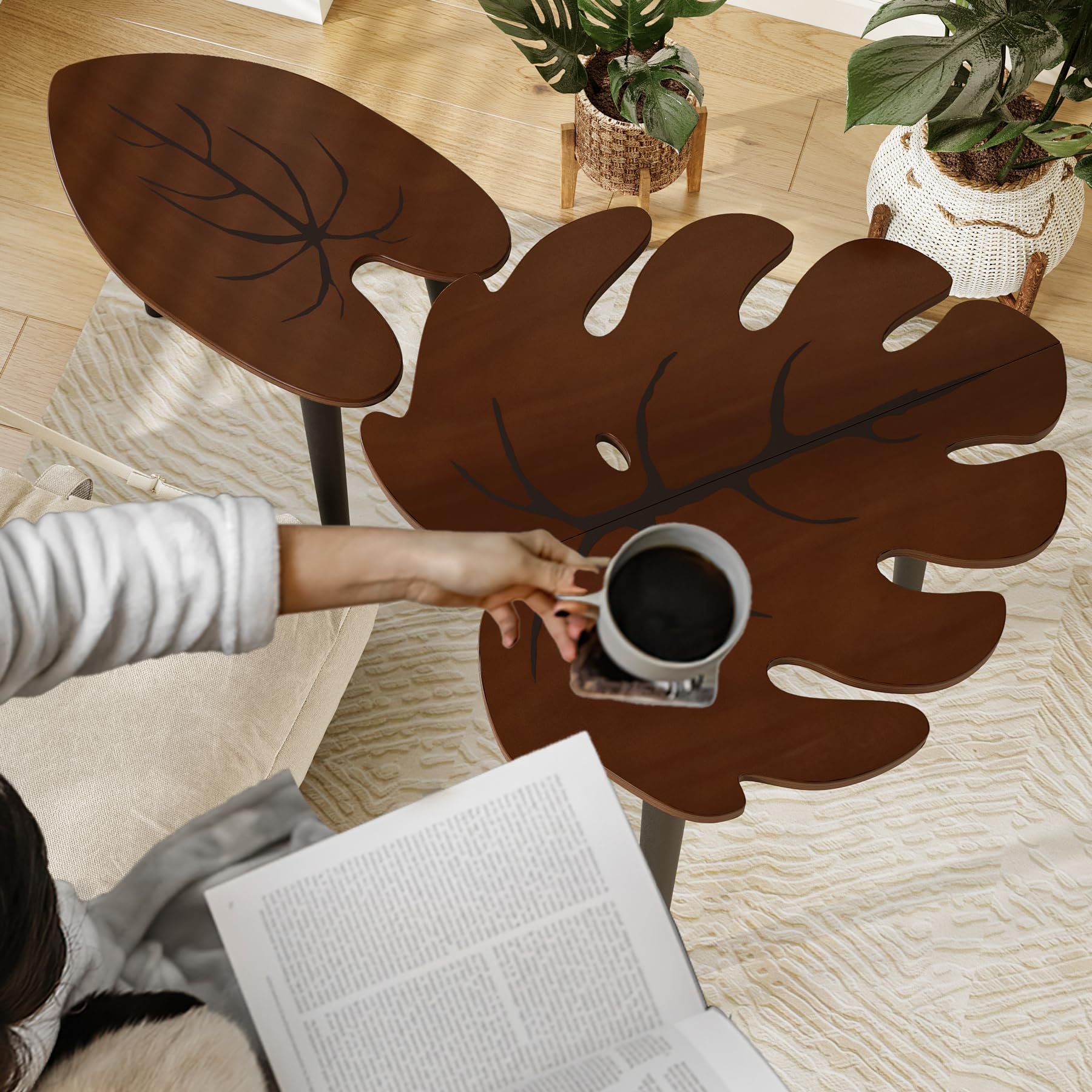 Dark brown tabletop paired with black solid wood legs for versatile decor.