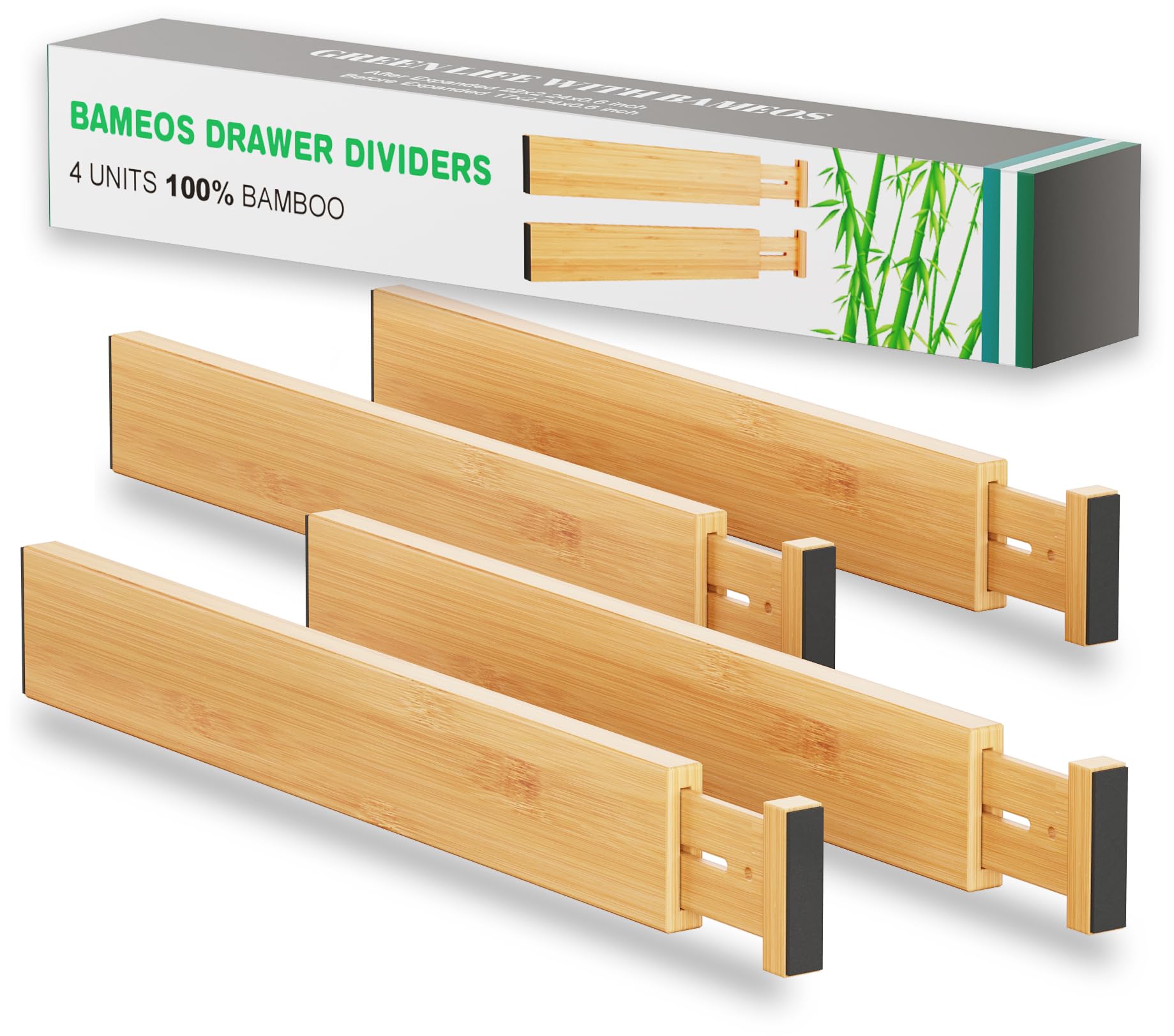 BAMEOS bamboo drawer dividers packaging highlights eco-friendly materials and easy setup
