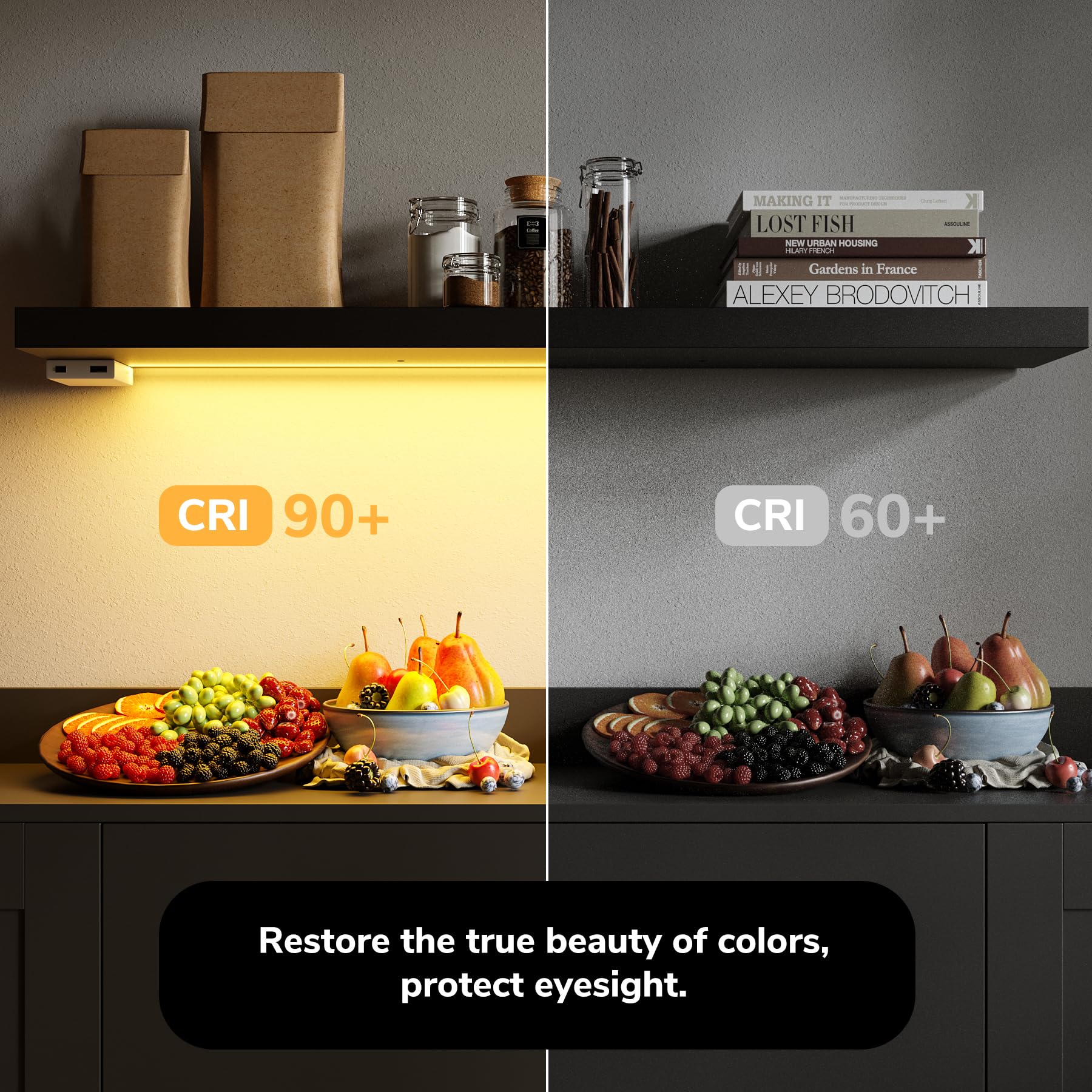 BAMEOS easy wipe surface for low-maintenance modern shelves.