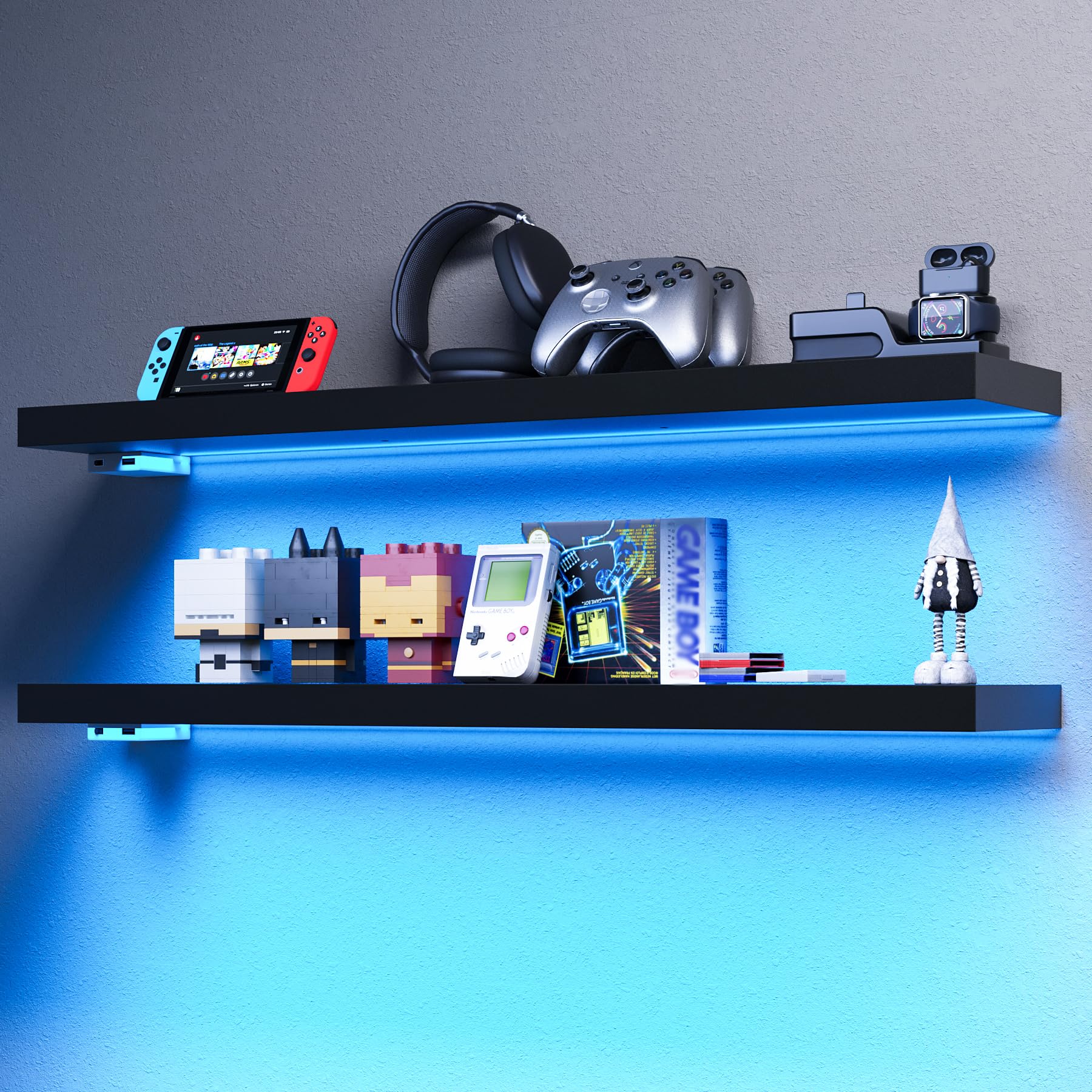 BAMEOS floating shelves with LED front view in black for ambient lighting and storage.