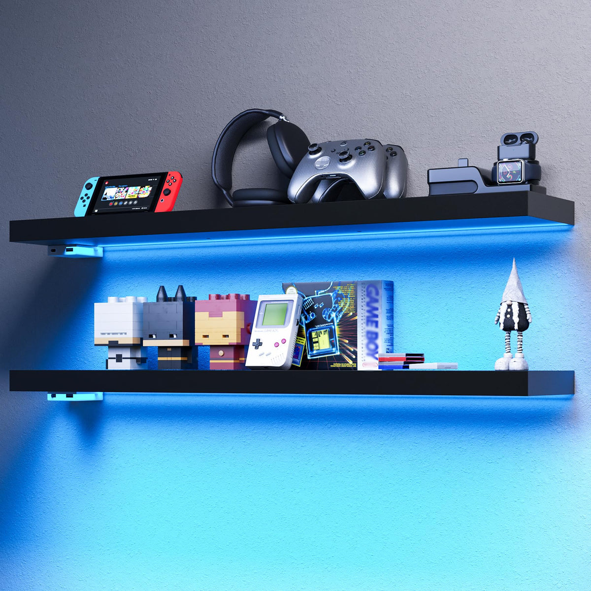 BAMEOS floating shelves with LED front view in black for ambient lighting and storage.