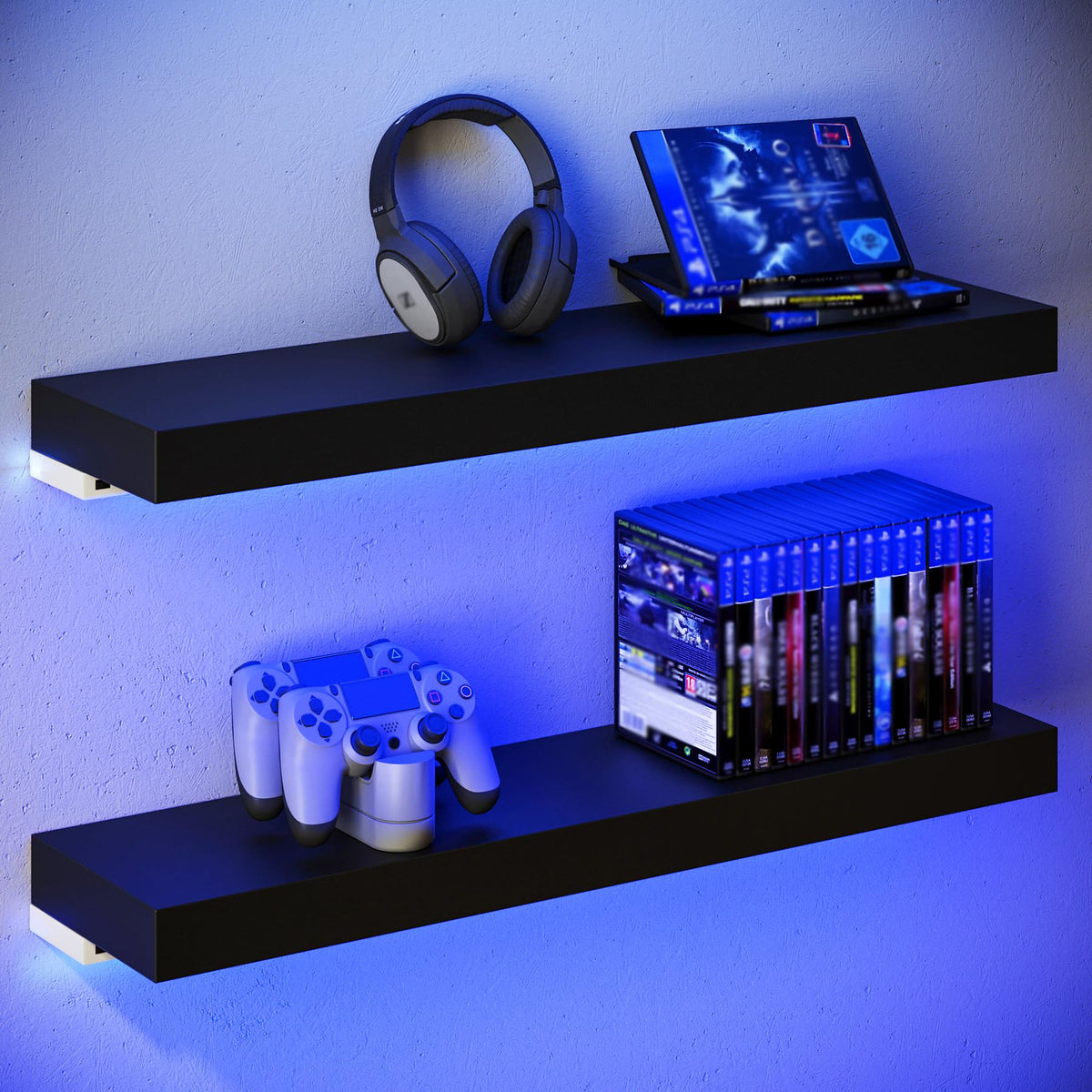 BAMEOS floating shelves with RGB LED strip for vibrant ambient lighting.