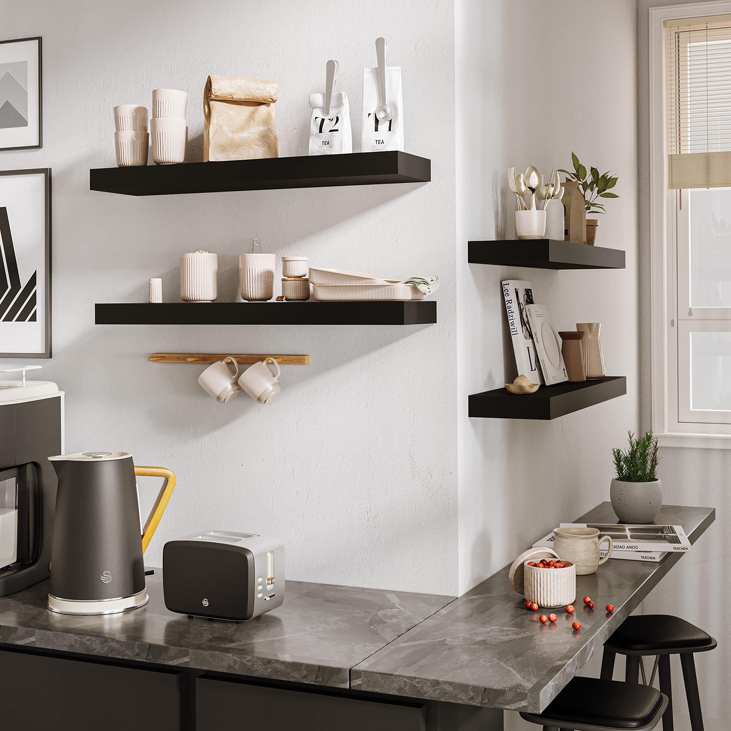 BAMEOS living room décor display shelf enhances TV area without clutter.