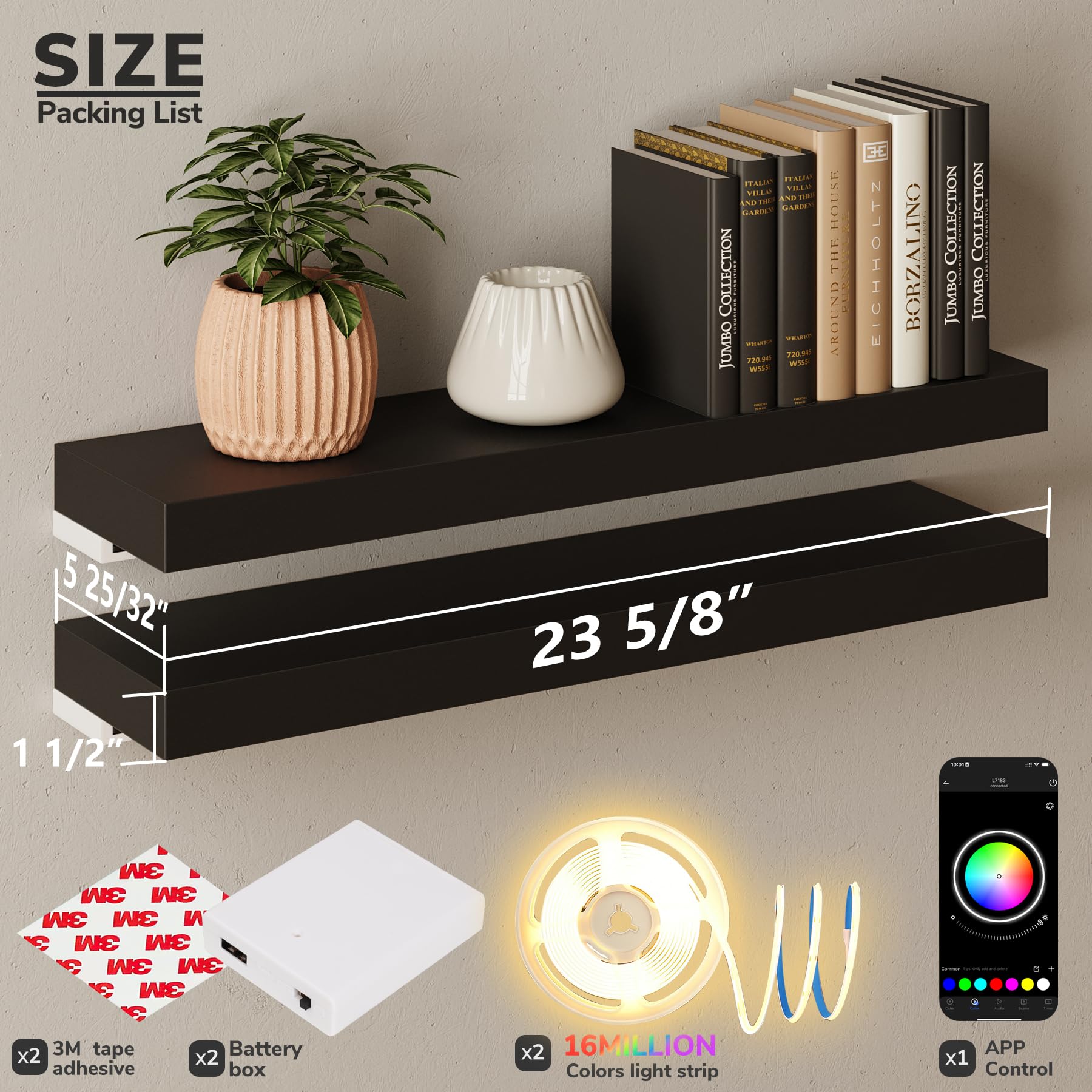 BAMEOS wall display shelves with RGB lighting highlight decor.