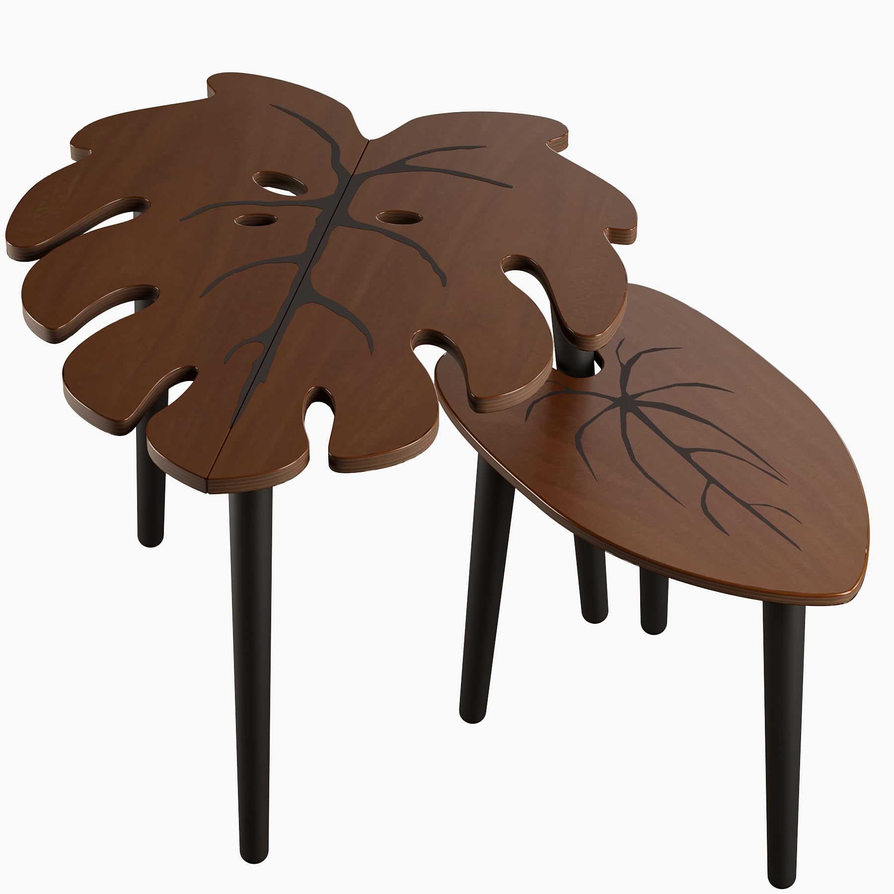 BAMEOS monstera leaf tables in a modern living room setup.