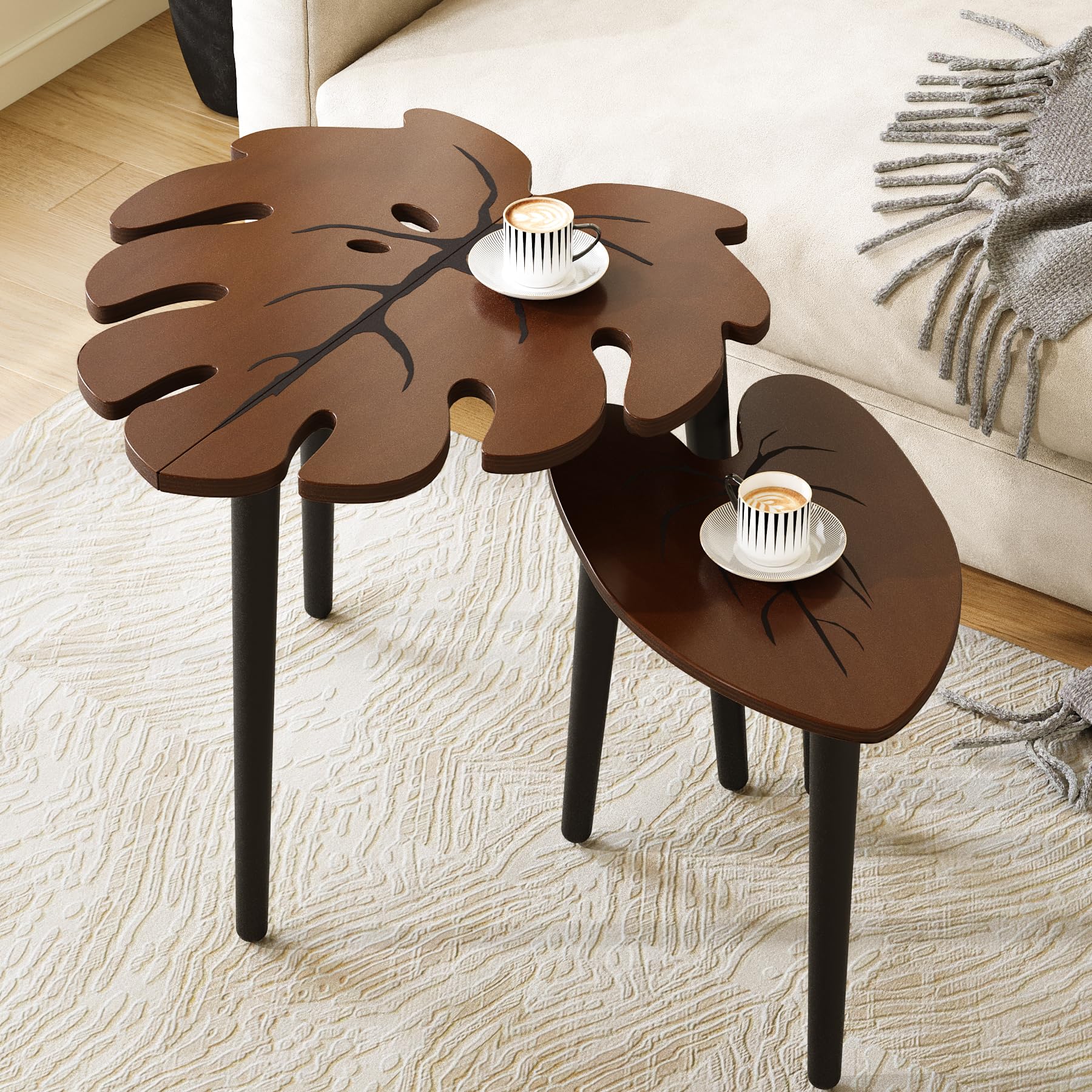BAMEOS monstera nesting large table with leaf-vein pattern for stylish living spaces.
