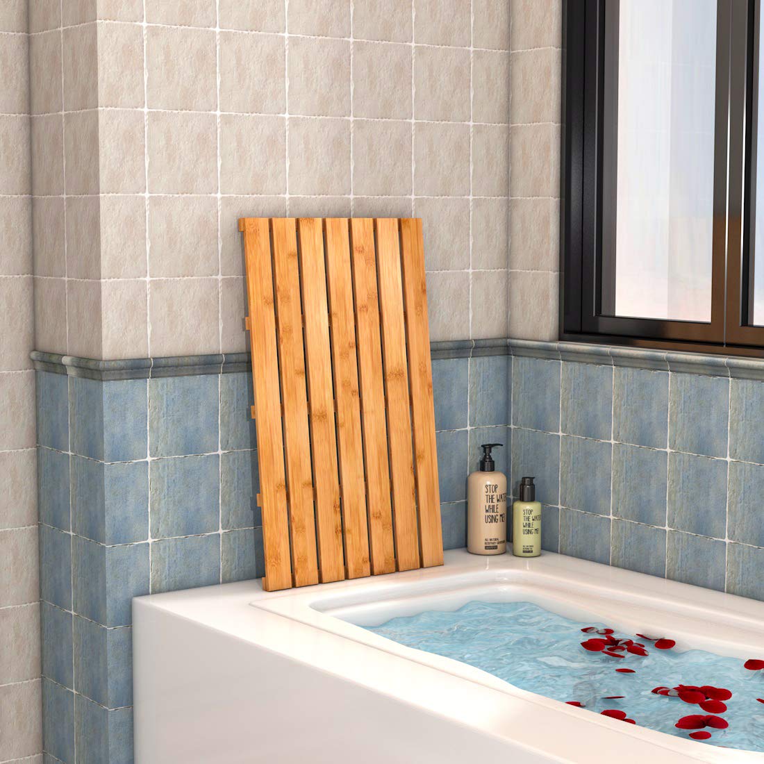 Bamfan bamboo bath mat in indoor and outdoor settings for versatile use