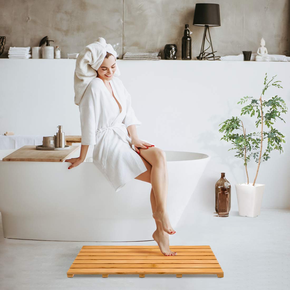 Bamfan bamboo bath mat showing slatted drainage design
