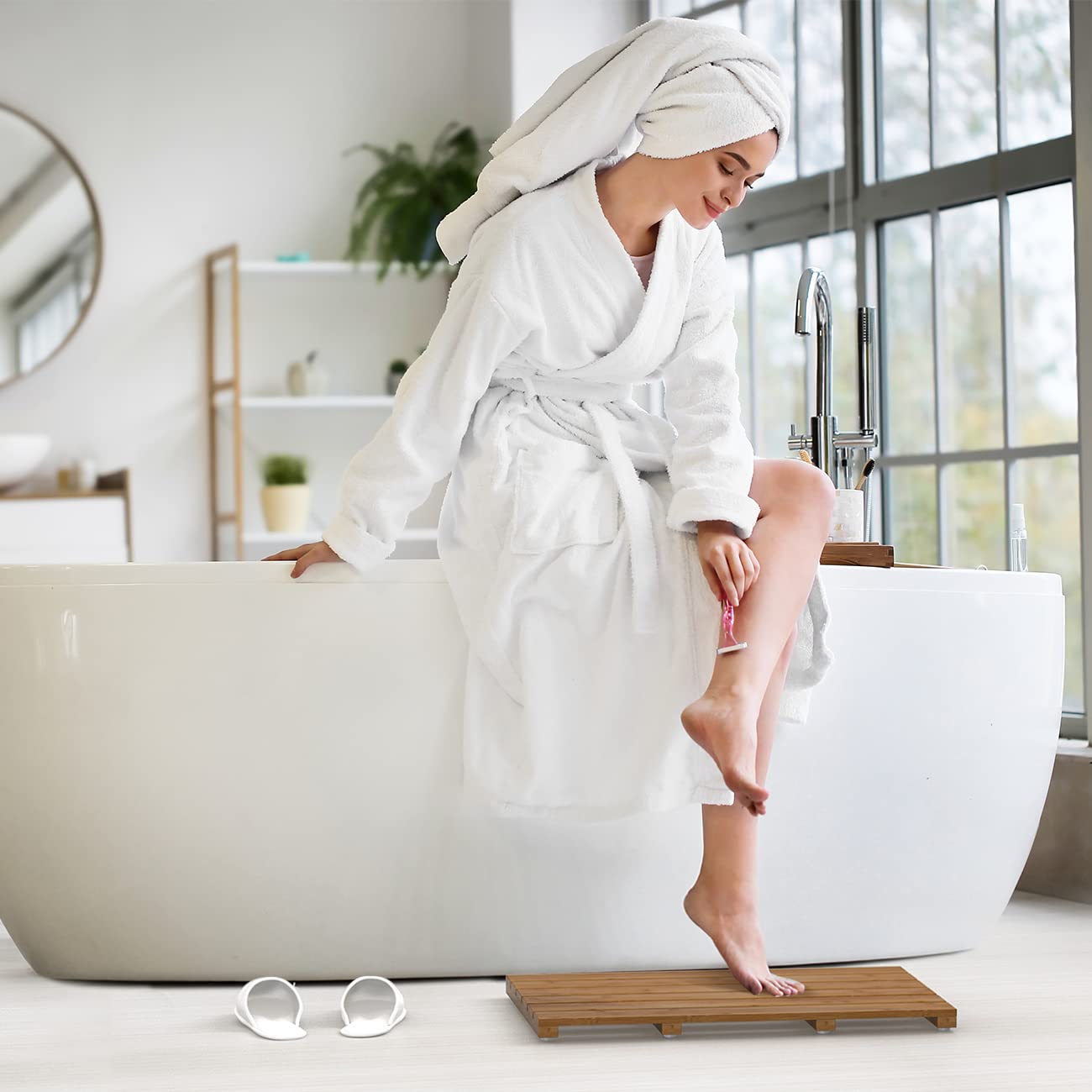 Bamfan bath-floor mat shown in indoor and outdoor setting for versatility.