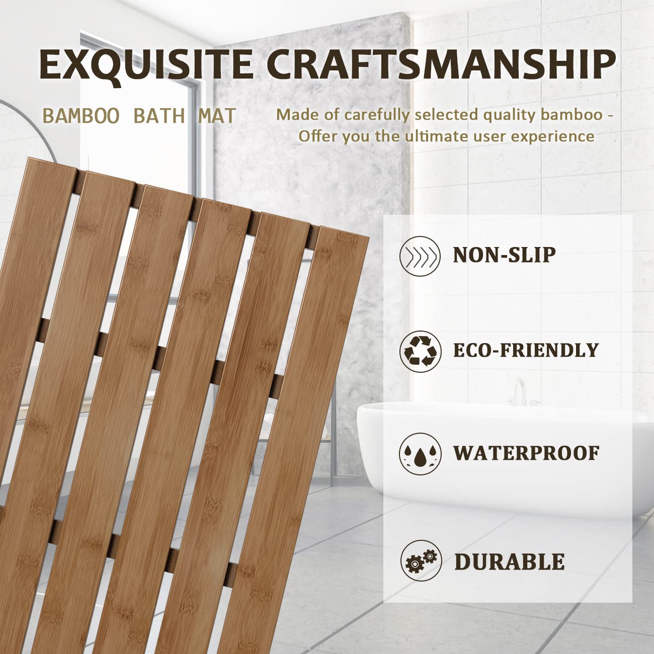 Bamfan luxury bamboo mat suited for shower and bath areas.