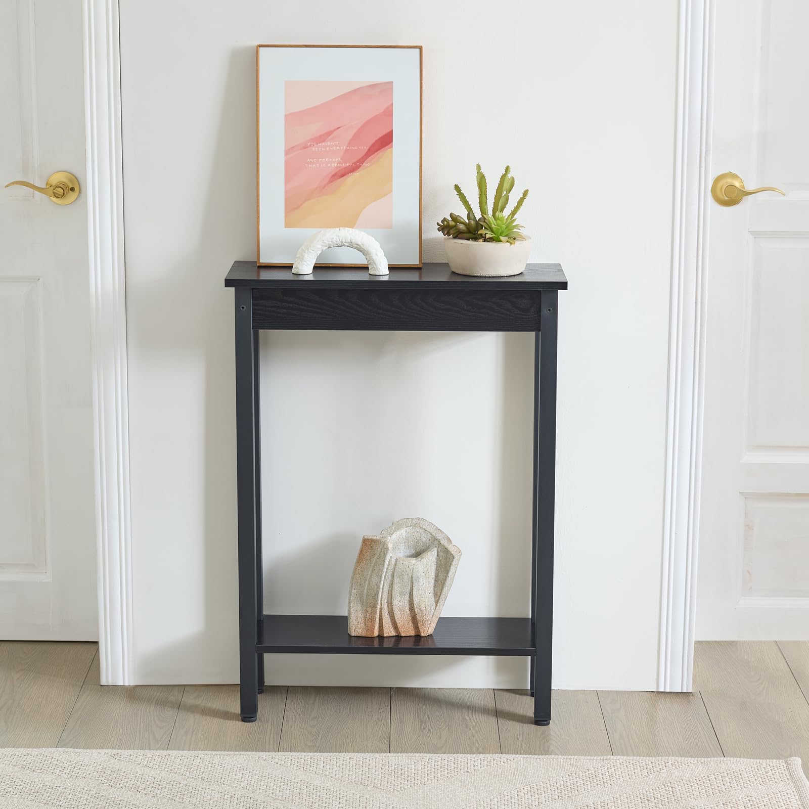 BAMGROW narrow hallway table shows space-saving design in a tight hallway.