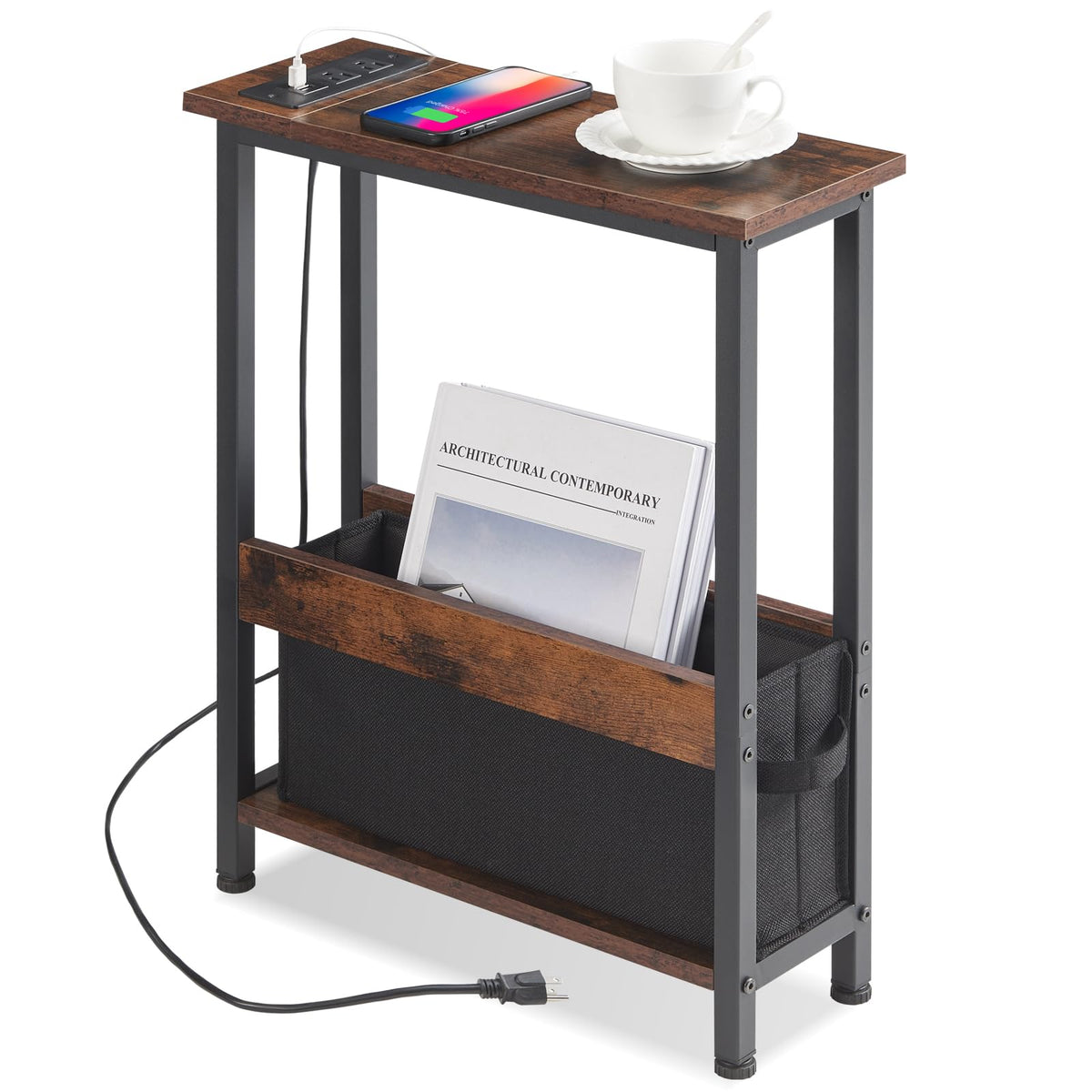 BAMGROW slim charging end table beside the bed keeps essentials within easy reach.