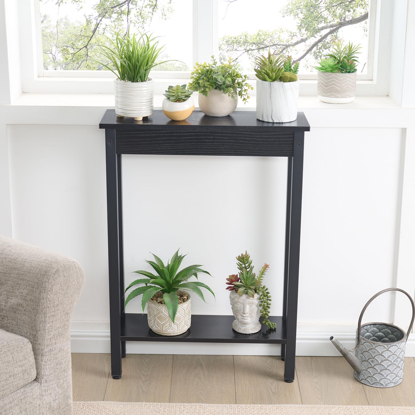 BAMGROW slim console table behind the couch demonstrates extension potential.