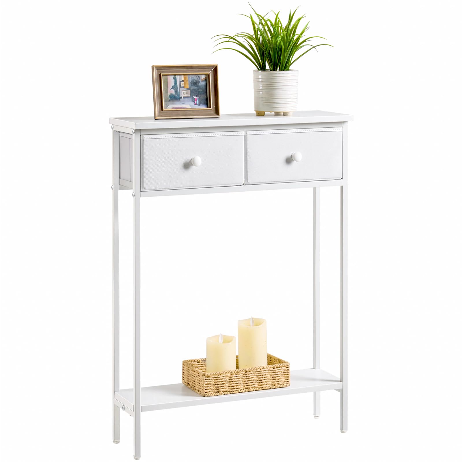 BAMGROW small entryway table with fabric drawers for concealed storage.