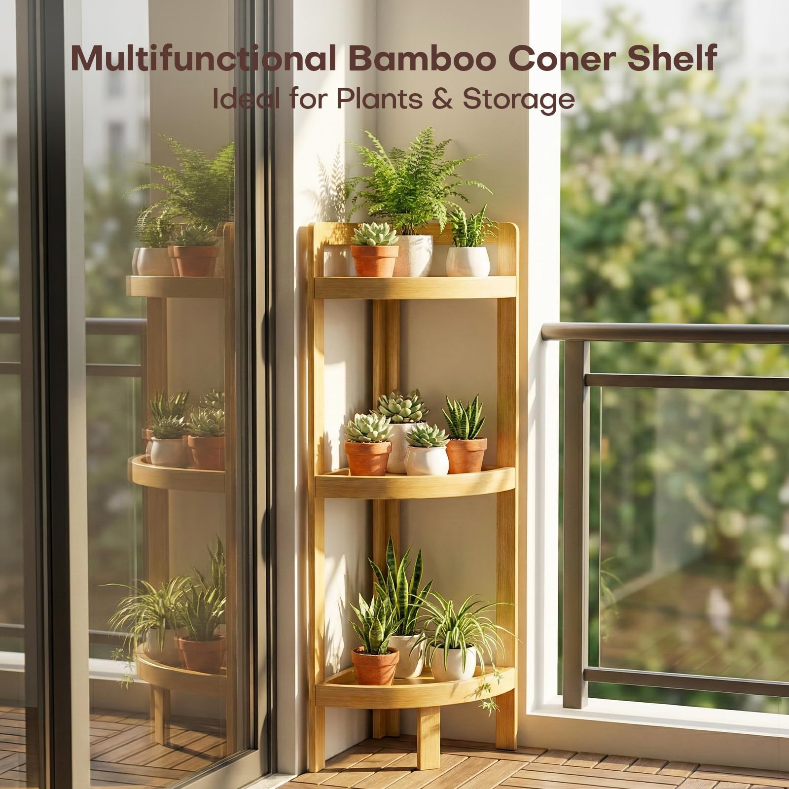 BAMHIGHS assembled 3-tier corner shelf ready to display plants and decor