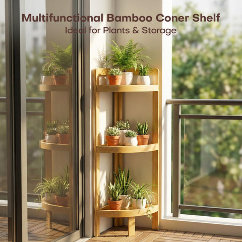 BAMHIGHS assembled 3-tier corner shelf ready to display plants and decor