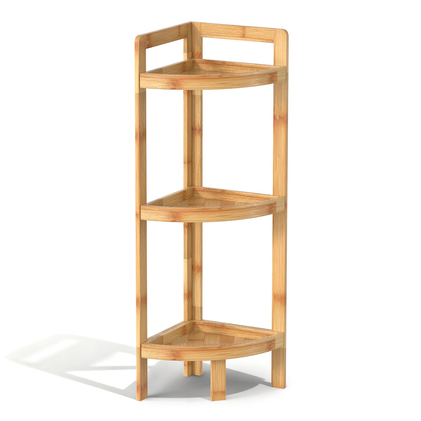 BAMHIGHS 3-tier corner shelf in diagonal view highlighting space-saving design