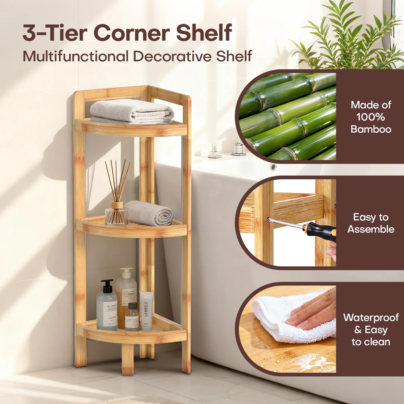 BAMHIGHS bamboo 3-tier corner shelf front raised edge detail keeps items secure