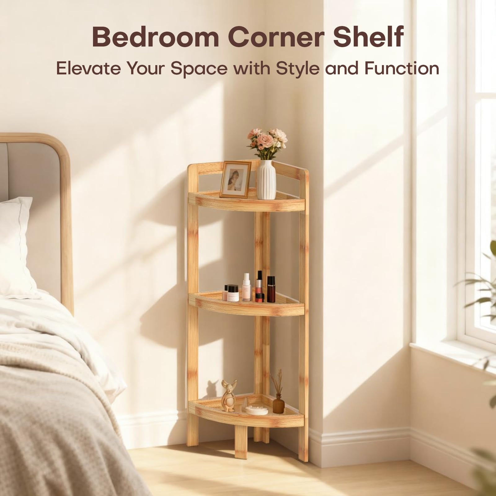 BAMHIGHS bamboo 3-tier corner shelf in kitchen for spices and cookbooks
