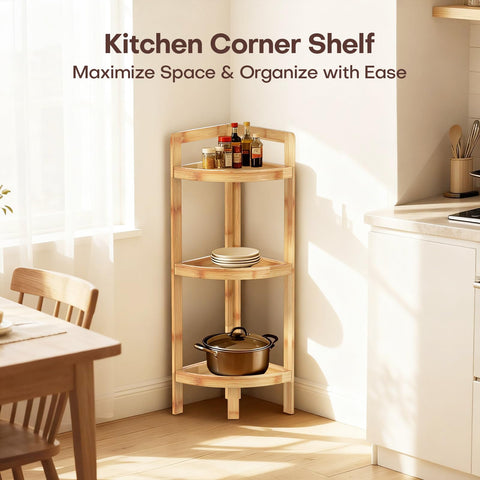BAMHIGHS 3-tier corner shelf in living room displaying versatile storage potential