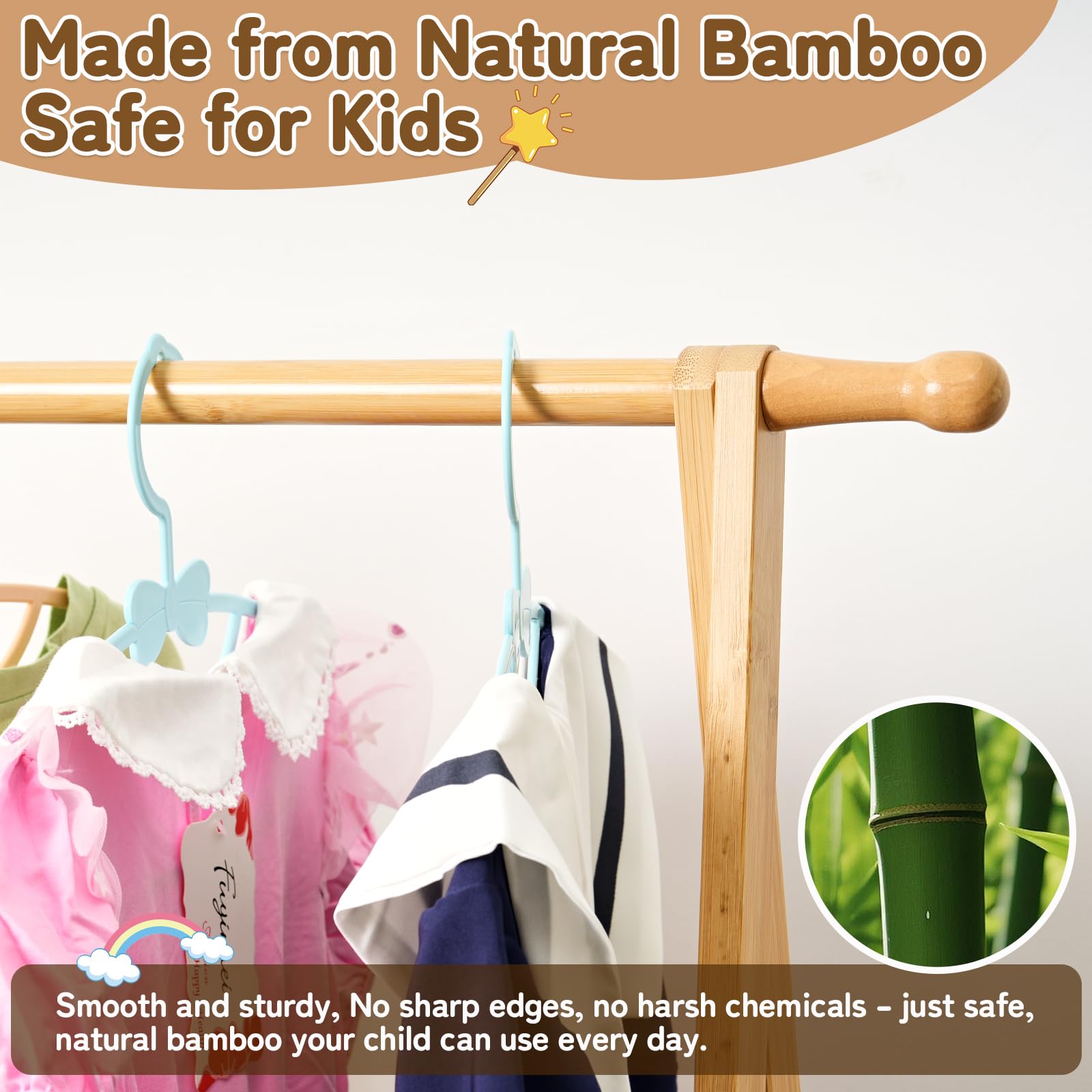 Bamnestor Bamboo Kids Clothing Rack hanging-rod: space for multiple kid-size hangers.