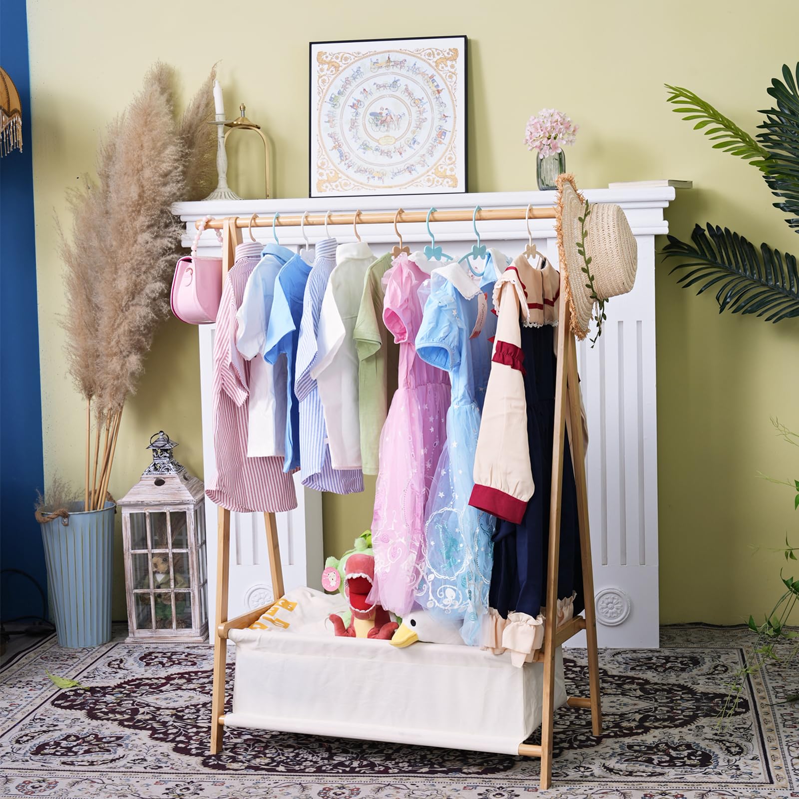 Bamnestor Bamboo Kids Clothing Rack in-room: blends with decor for warm, organized space.
