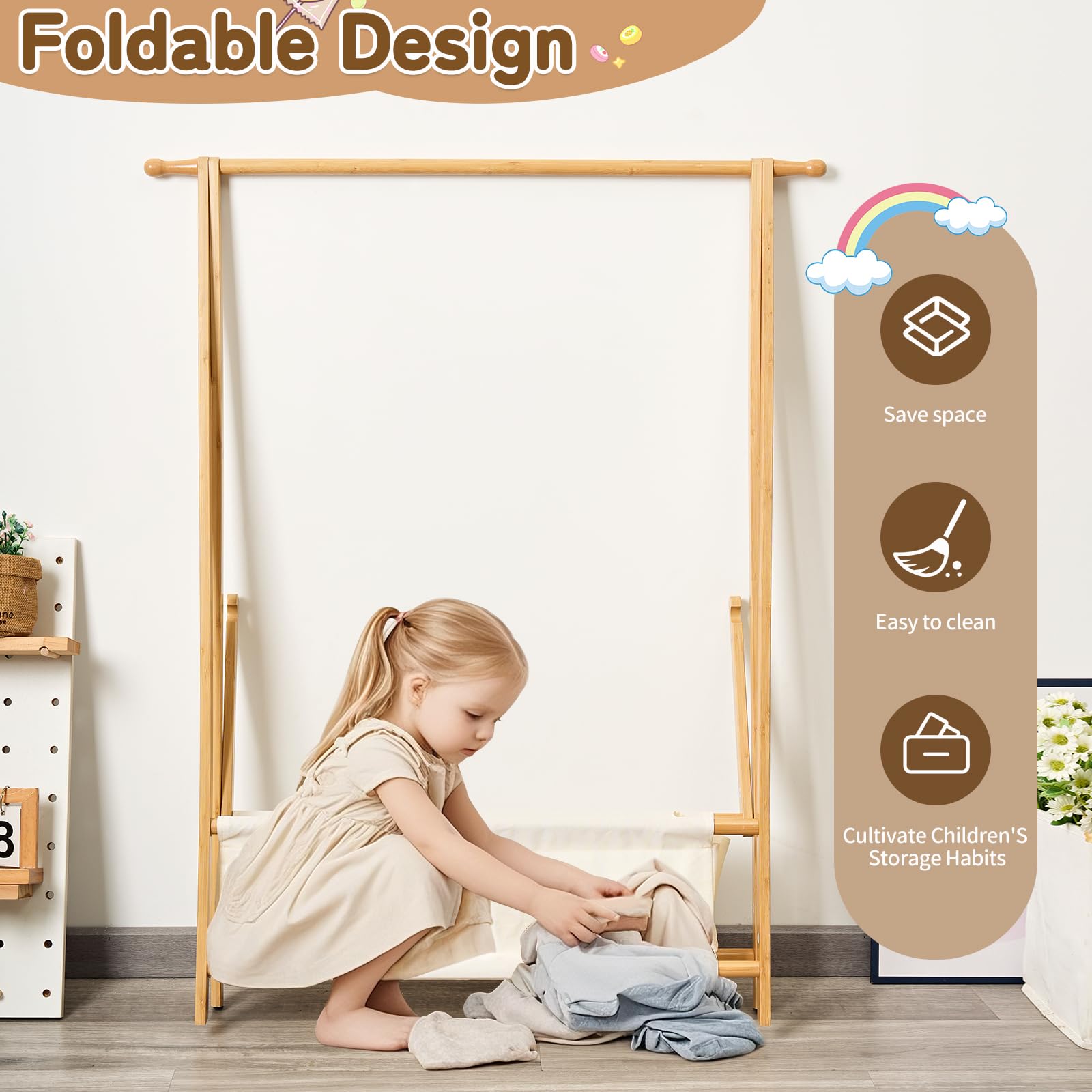Bamnestor Bamboo Kids Clothing Rack oxford-pocket: extra bottom space for shoes.