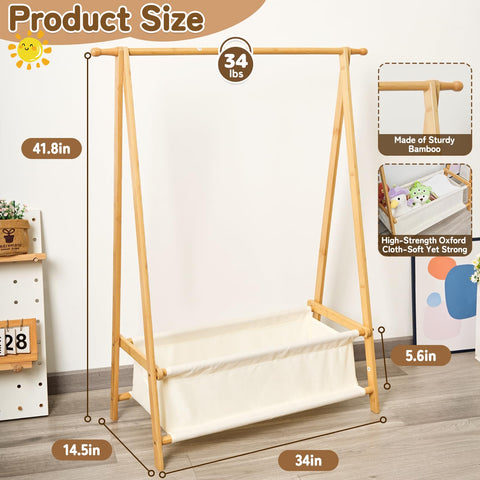 Bamnestor Bamboo Kids Clothing Rack side-hooks: easy reach for bags and hats.