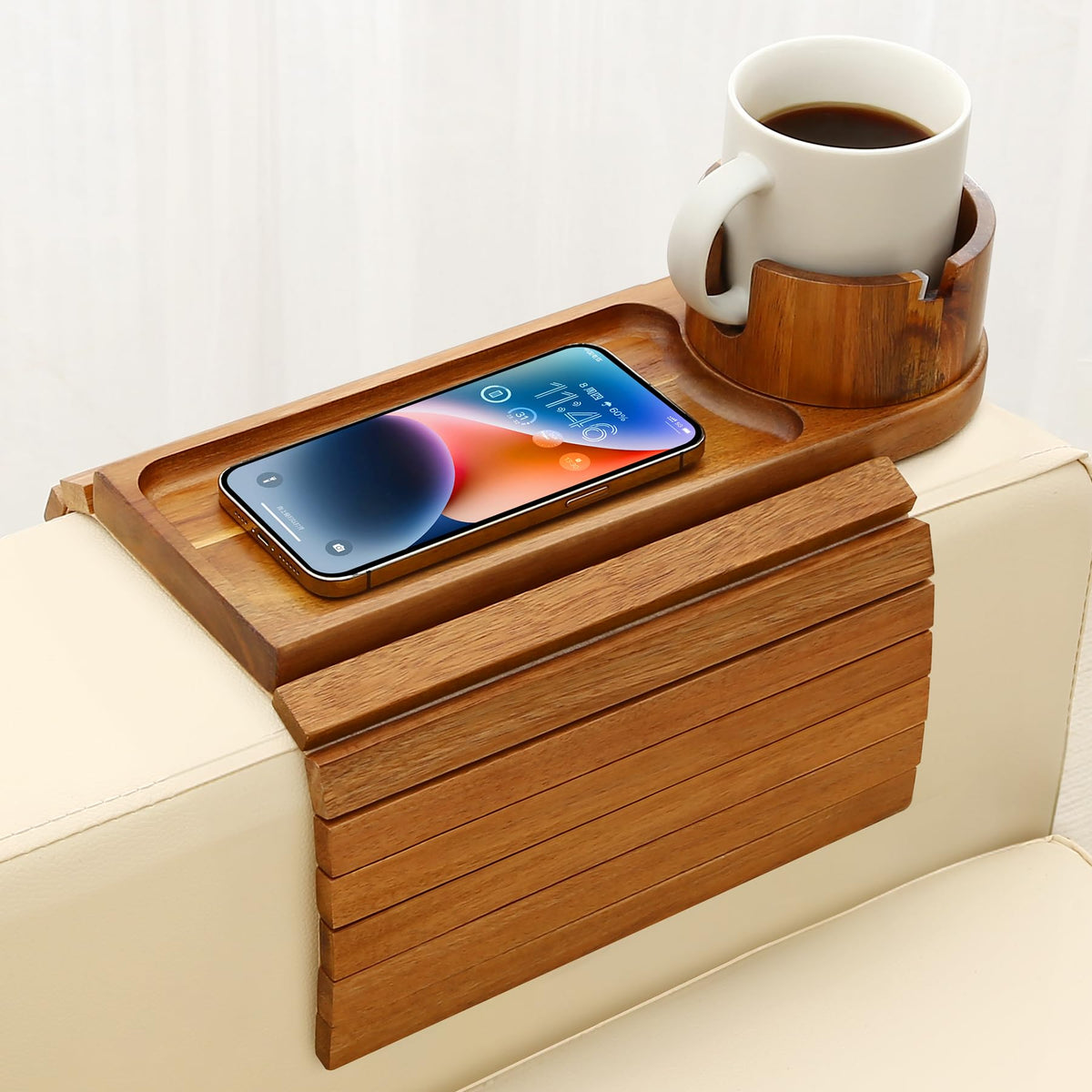BAMTRAY couch cup holder tray on armrest keeps drinks within easy reach.
