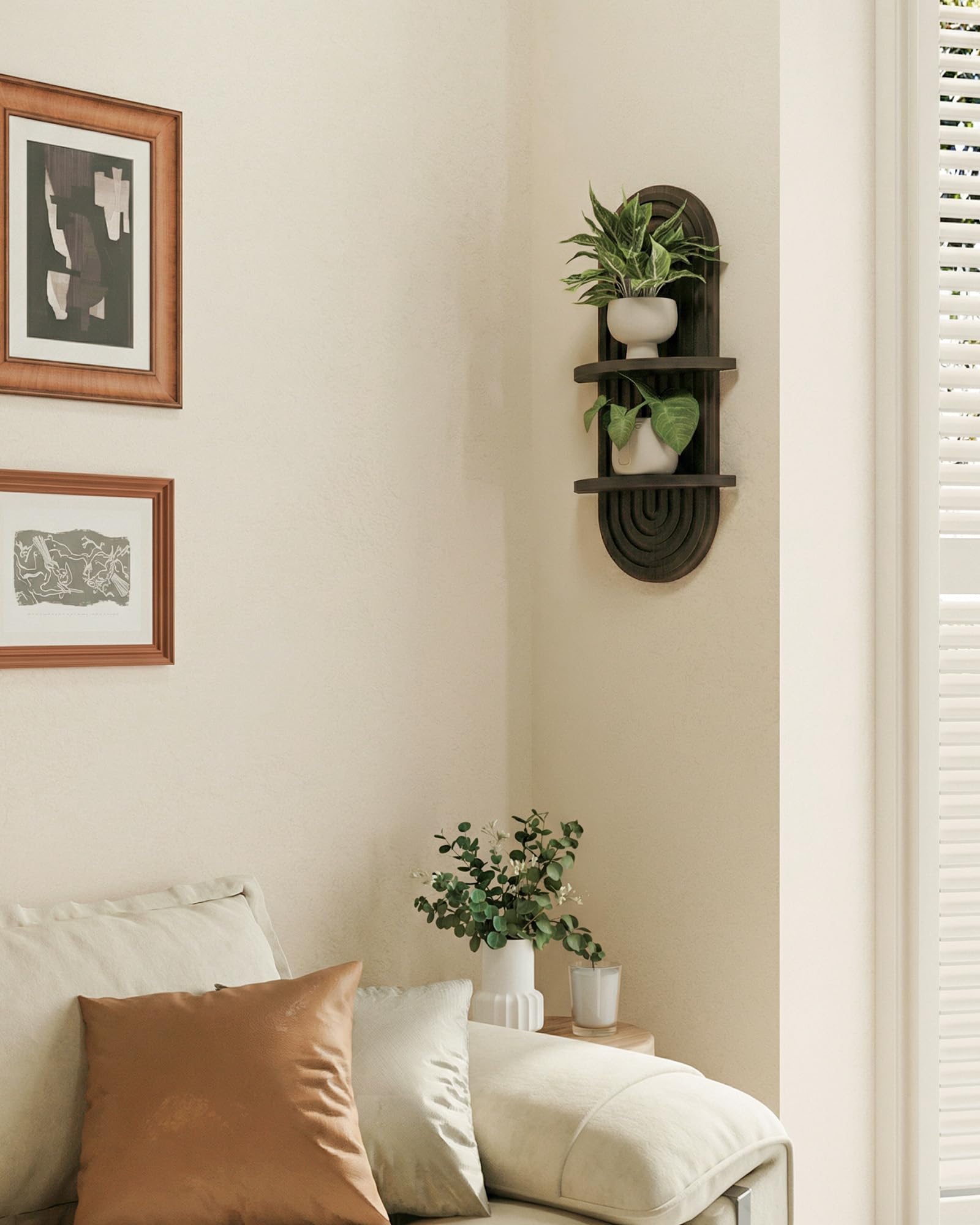 Bamworld walnut wooden floating shelves, ideal for small books and decor accents.