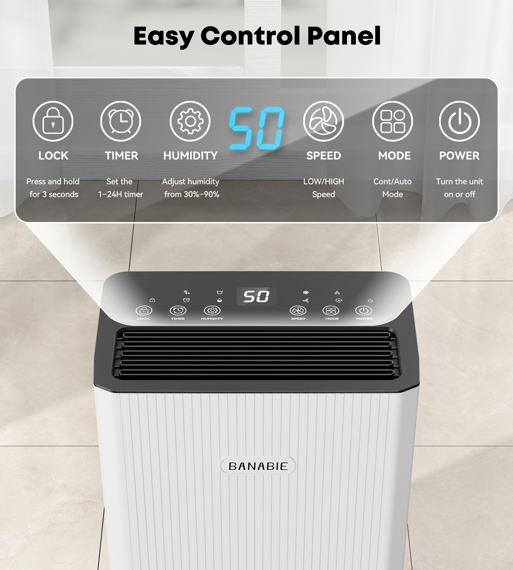 BANABIE dehumidifier in living room shows space-saving design and quiet operation.