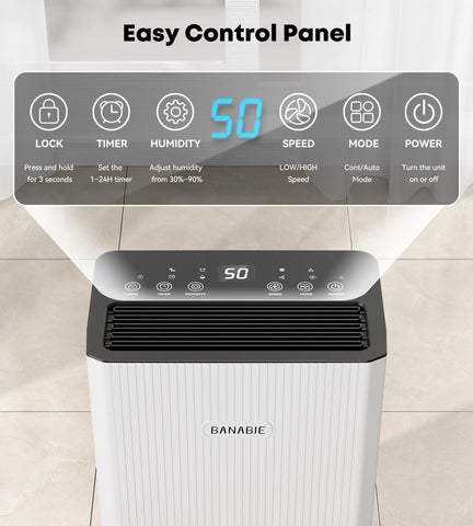 BANABIE dehumidifier in living room shows space-saving design and quiet operation.
