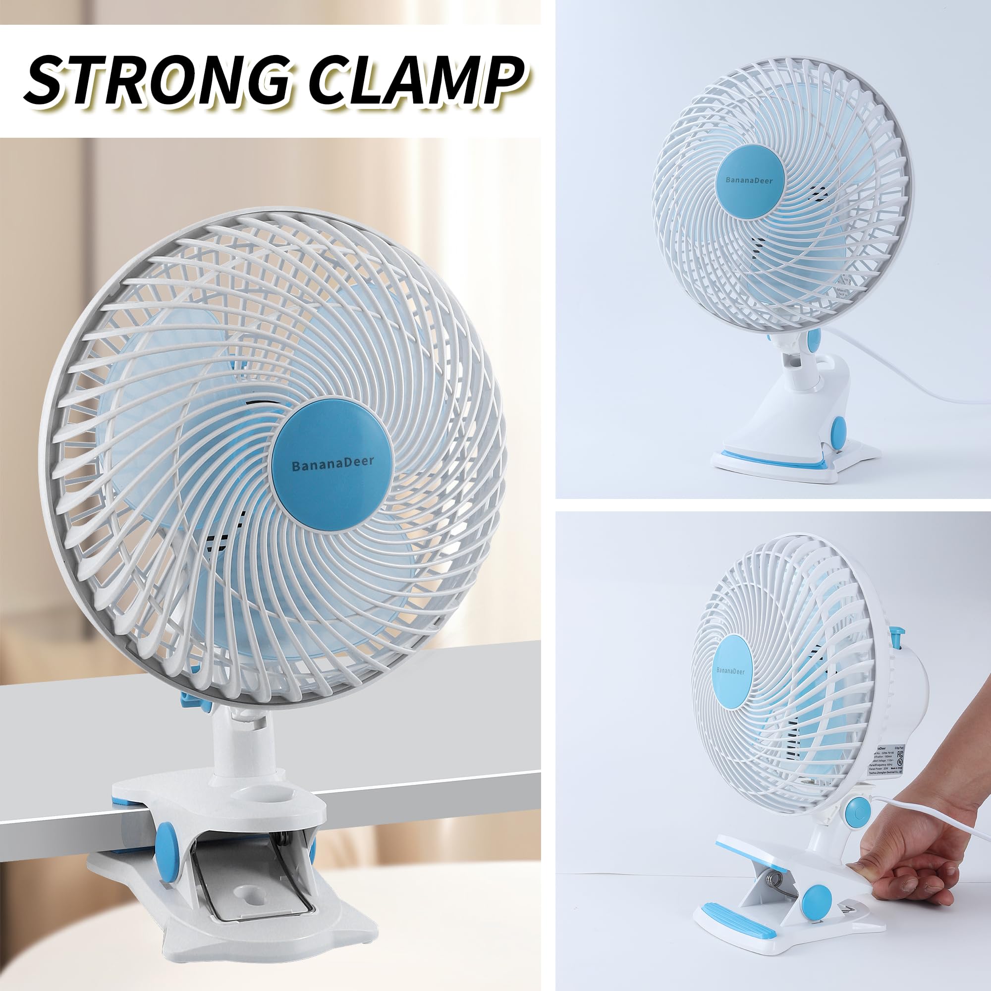 BananaDeer clip-on desk mount fan with secure rubber clamp