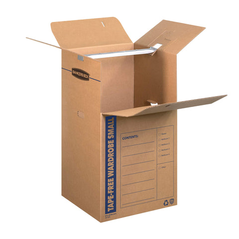 Bankers Box Short Wardrobe Box 3 Pack side assembly demonstrates crashlock easy setup