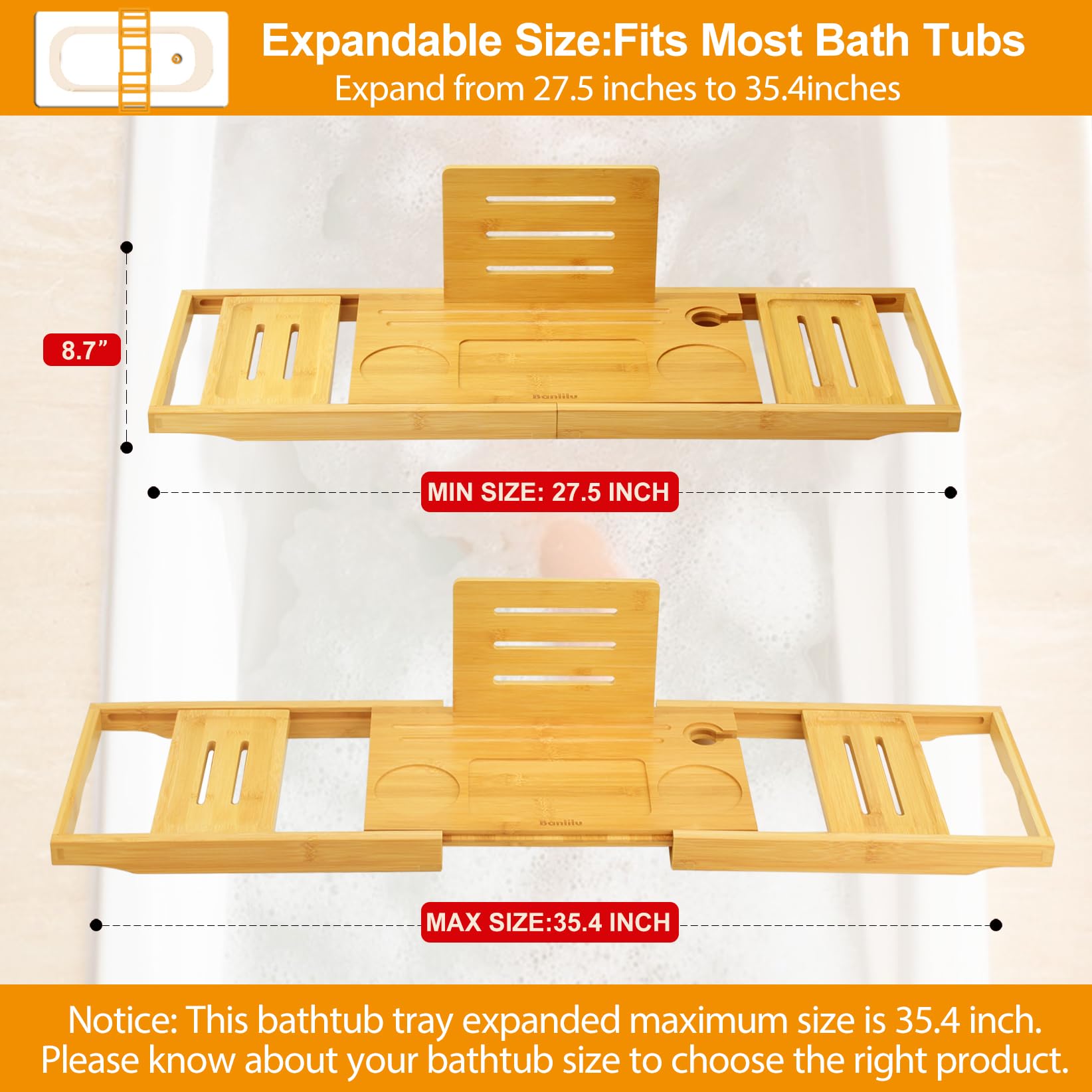 Banlilu bamboo bath tray with non-slip pads prevents sliding during soak.