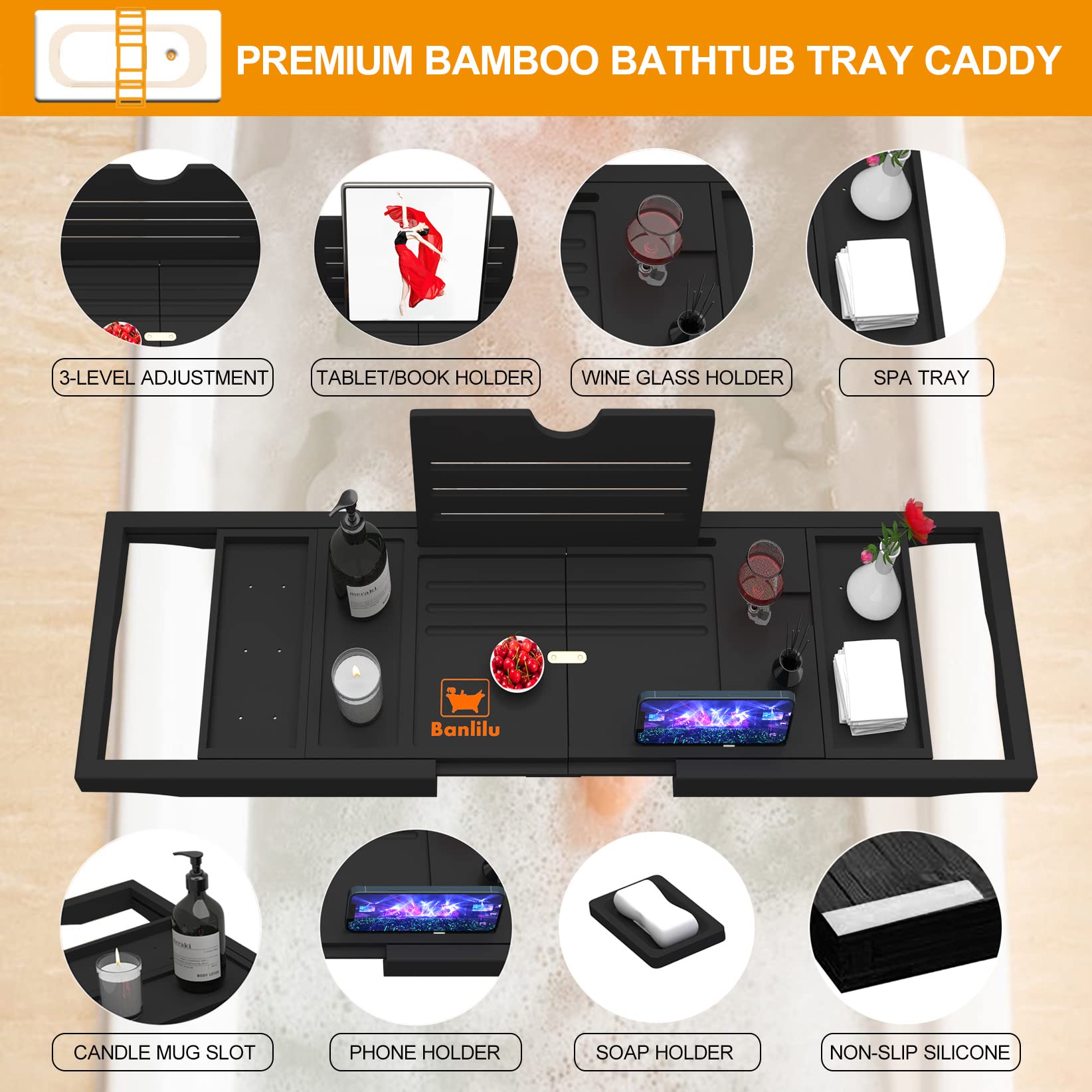 Banlilu bamboo bath tray with waterproof coating for durable, long-lasting use.