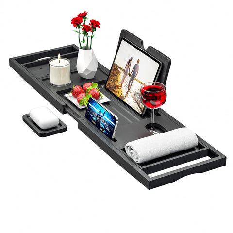 Banlilu bath tray expandable across the tub enables versatile baths.