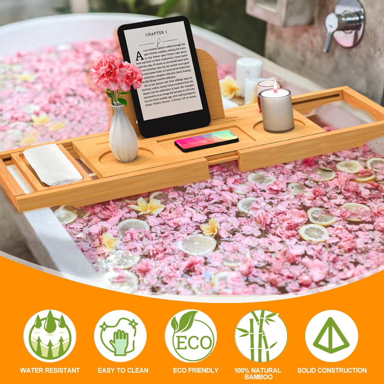 Banlilu bath tray includes tablet/book holder for hands-free entertainment.