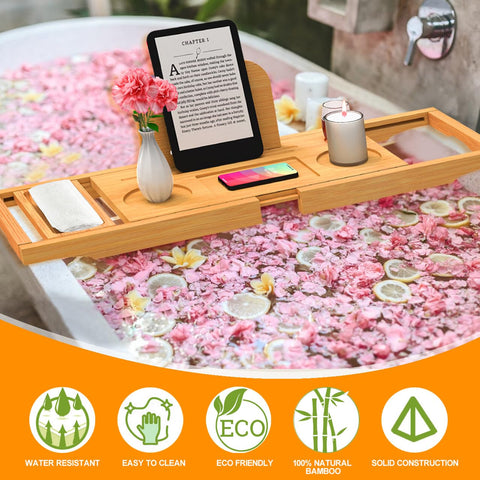 Banlilu bath tray includes tablet/book holder for hands-free entertainment.