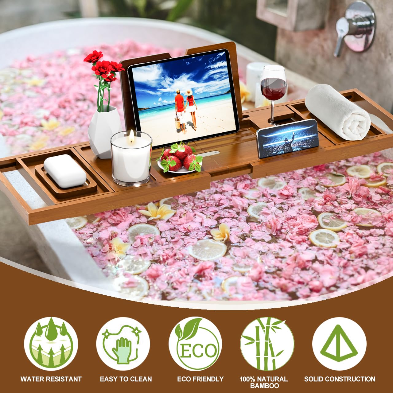 Banlilu bath tray table with wine holder for beverages in tub