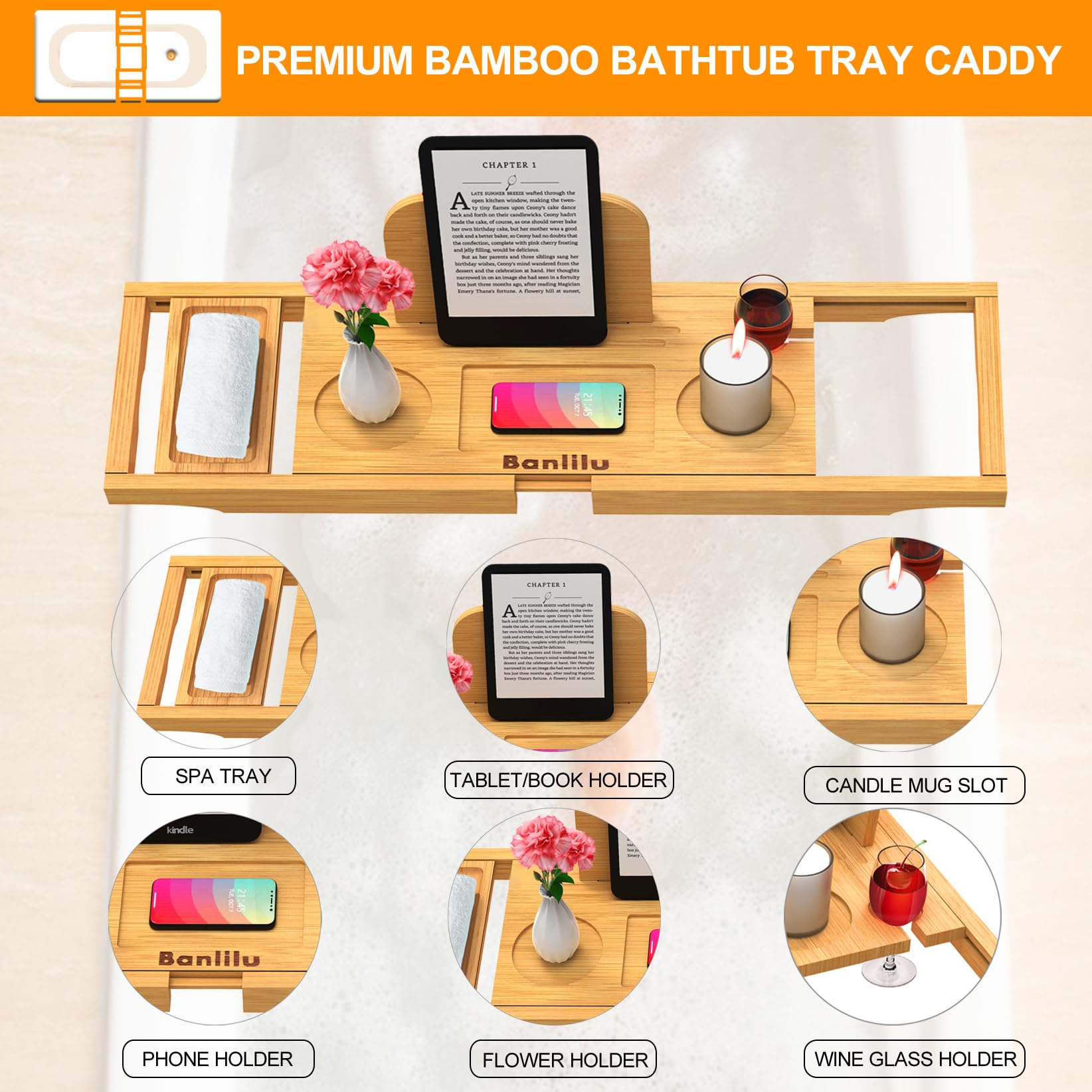 Banlilu bath tray with wine and spa holder for relaxing baths.