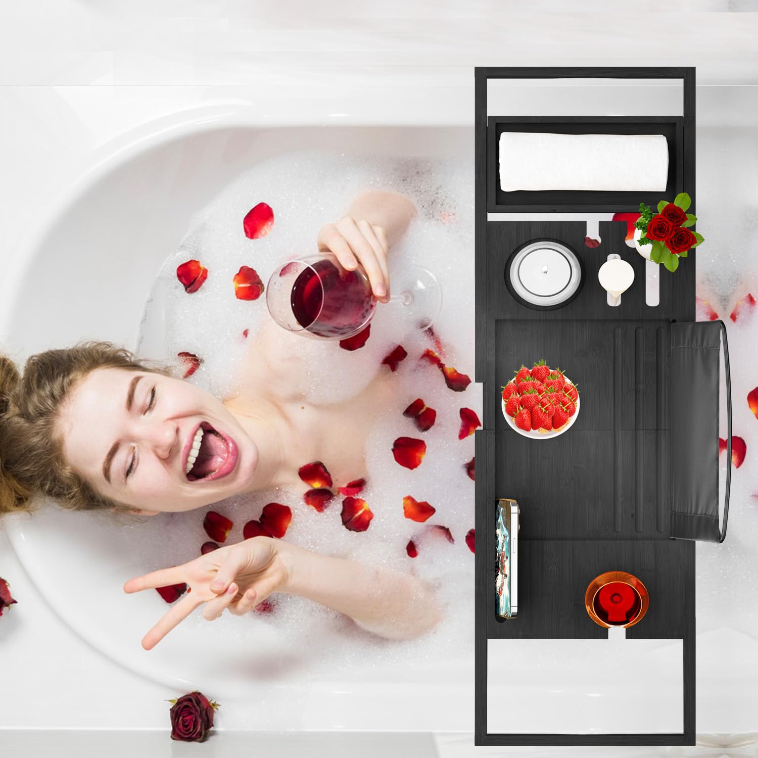 Banlilu tray with slots for phone and wine for a convenient bath