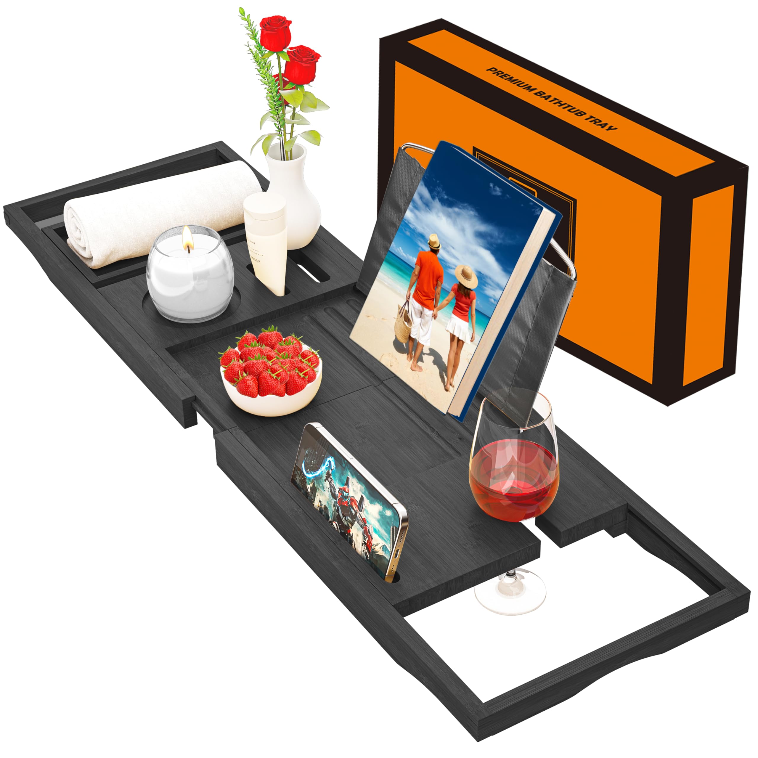 Banlilu expandable bathtub tray showing adjustable width for wide tubs
