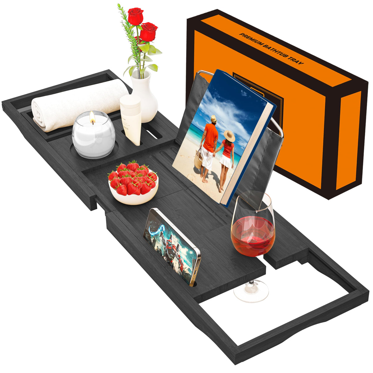 Banlilu expandable bathtub tray showing adjustable width for wide tubs