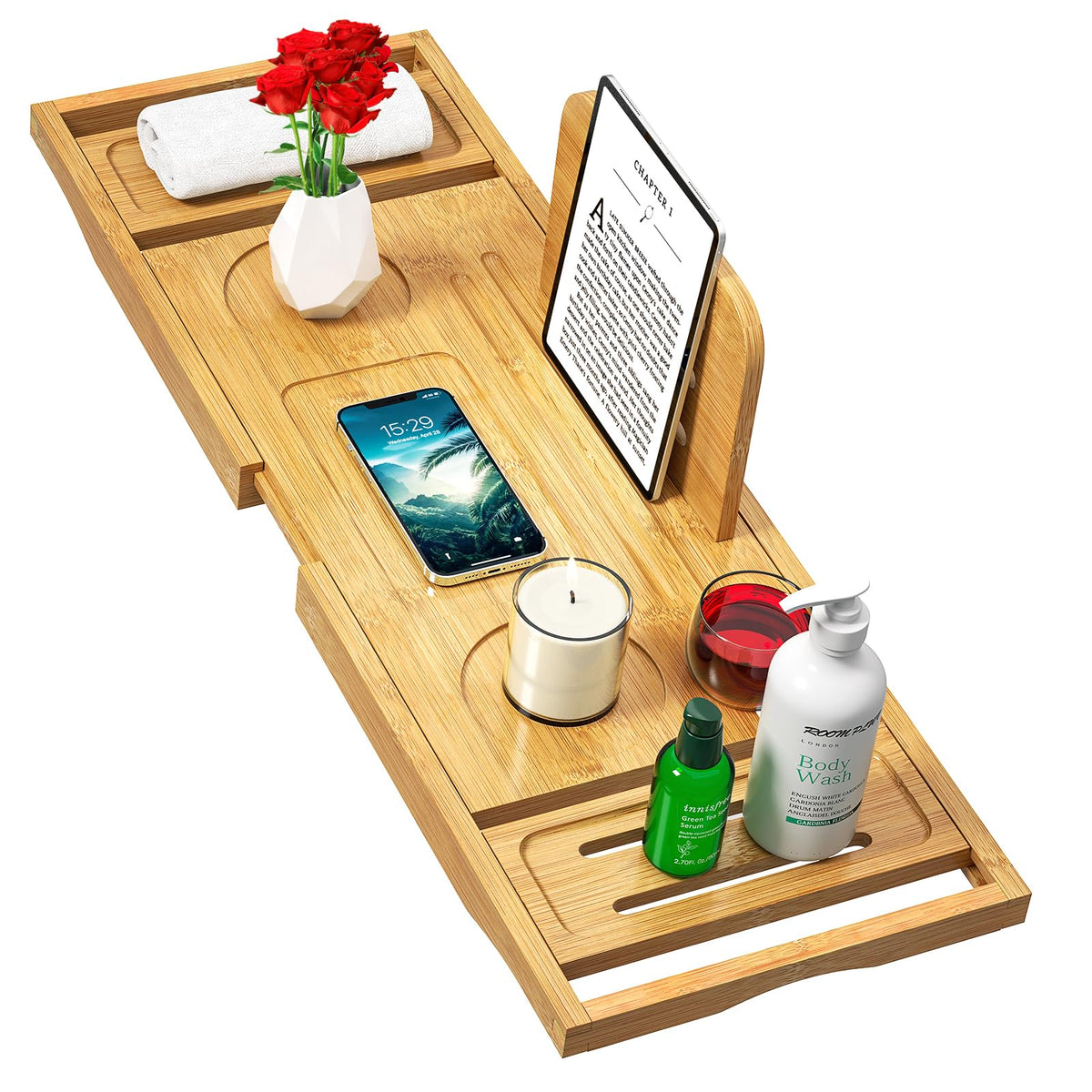 Banlilu bathtub tray extended to fit most tubs for a secure bath ritual.